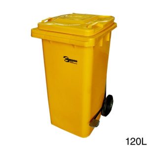 Basurero Plástico CALVAC Amarillo 120 Litros 2 Ruedas y Pedal Lateral