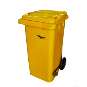 Basurero Plástico CALVAC Amarillo 240 Litros 2 Ruedas y Pedal Lateral